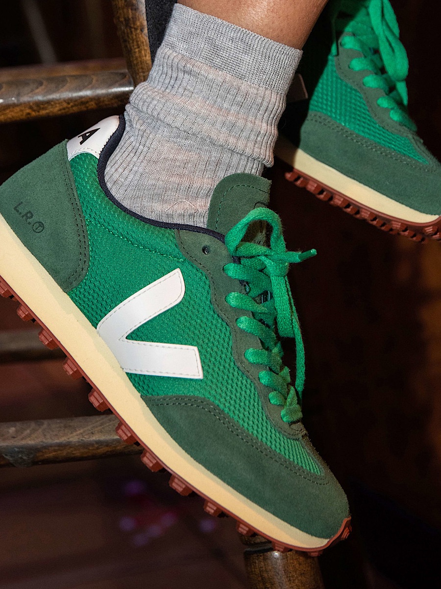 Veja Green Mesh And Suede Runners With White V Logo